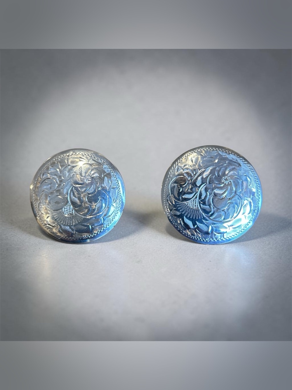 Vintage Burkhardt for Birks Sterling Silver Floral Engraved Clip On Earrings MCM